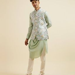 manyavar Men Floral Pattern Nehru Jacket with Button-Closure image 2
