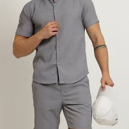 Shein Spread Collar Textured Shirt with Mini Shorts-image-55