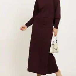 Shein Boat Neck Bishop Sleeve High Low Top with Skirt-image-4