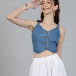 Shein Casual Strappy Sleeves Denim Vest Top with Front Buttons-image-2