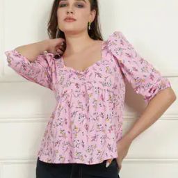 Shein Elegant Crinkle Ruched Notch Sweetheart Neck Puff-Sleeves Top-image-1