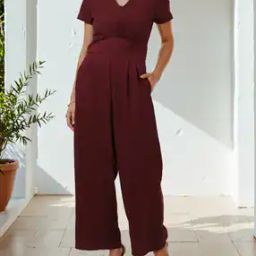Shein Short Sleeve Mock Wrap Pleated Wide Leg Jumpsuit-image-27
