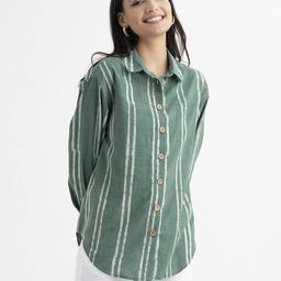 pink fort Striped Button-Down Top with Curved Hem image 4