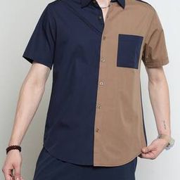 Shein Street Short Sleeves Spread Collar Colour-block Shirt-image-2