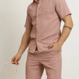 Shein Spread Collar Chest Pocket Shirt with Mini Shorts-image-84