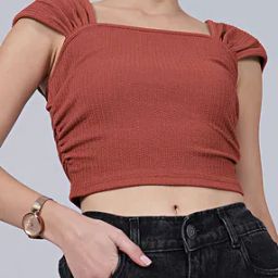 Shein Square Neck Cap Sleeves Textured Rust Fitted Crop Top-image-87
