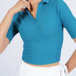 Shein Polo Neck Short Sleeve Ribbed Fitted Crop Top-image-30