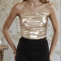 Shein Strapless Side Ruched Shimmer Short Tube Top-image-15