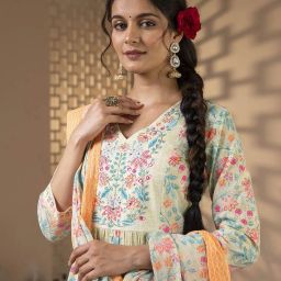gulmohar jaipur Floral Print Flared Kurta with Pants & Dupatta image 5