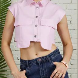 Shein Street Spread Collar Cap Sleeves Loose Fit Crop Shirt-image-4