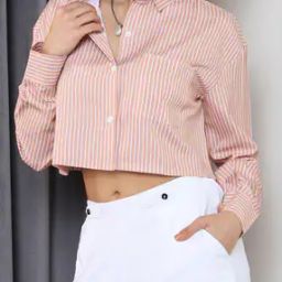 Shein Cuffed Sleeves Spread Collar Striped Loose Fit Crop Shirt-image-25