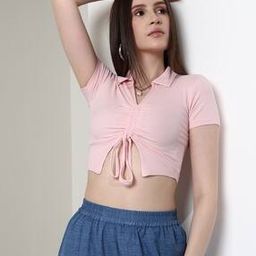 Shein Short Sleeves Ribbed Front Tie-Up Ruched Crop Top-picture-19