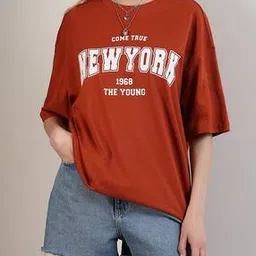 Shein Drop Shoulder Typographic Print Rust Oversized Fit Tshirt-image-19