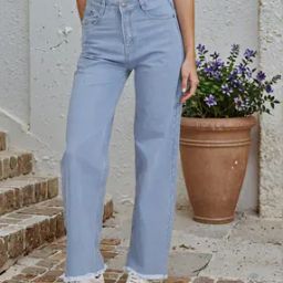 Shein Full Length Fixed Waist Frayed Hem Jeans-image-66