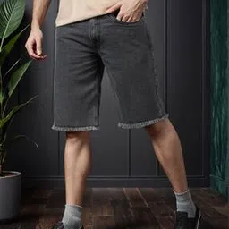 Shein Knee Length Frayed Hem Denim Shorts with Pockets-image-74
