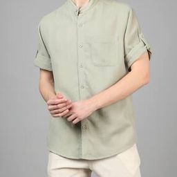 Shein Mandarin Collar Textured Shirt With Chest Pocket-image-90