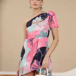 Shein Casual One-Shoulder Tulip Hem Floral Mini Fit And Flare Dress-image-92