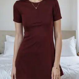 Shein Short Sleeves Flared Hem Mini Wine A-Line Dress-image-58