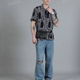 Shein Lapel Collar Short Sleeves Abstract Print Shirt-image-15