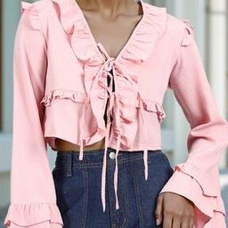 Shein Bell Sleeve Ruffle Lace-Up Front Relaxed Fit Blouse-picture-42