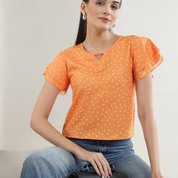 Shein Casual Keyhole Neck Polka-Dot Pattern Butterfly Sleeves Top-image-57