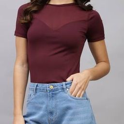 Shein Sheer Yoke Detail Short Sleeves Bodysuit-image-97