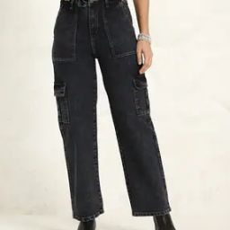 Shein Full Length Stone Wash Panelled Cargo Jeans-image-78