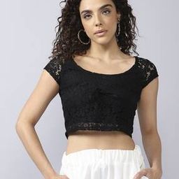 Shein Casual Short Sleeves Front Tie-Up Lace Crop Top-image-83