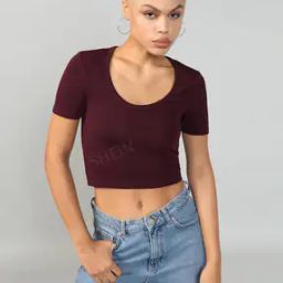 Shein Casual Short Sleeve Straight Hem Textured Wine Top-image-88