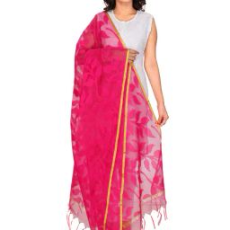 loom legacy Chanderi  Leaf Print Dupatta with Tassels image 1