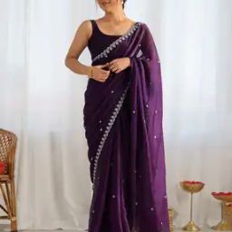 Women Embroidered Design Sequins Paper Silk Saree -image-5