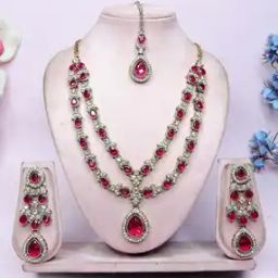 Women Stone-Studded Necklace & Earrings with Mangtika Set-image-88