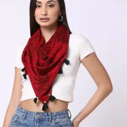 Women Tropical Print Scarf with Tassels-image-47