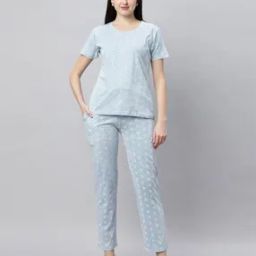 Women All-Over Print Round-Neck T-Shirt & Pyjamas Nightwear Set-image-36