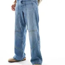asos design Men Mid-Wash Wide Hem Baggy Jeans with Panels-picture-42