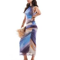 Printed Mesh Ruched T-Shirt Midi Dress-image-6