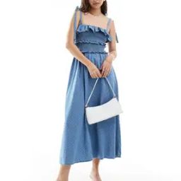 Polka-Dot Print Denim Maxi Dress with Frill Detail-image-37