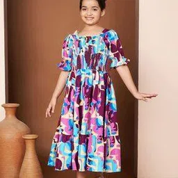 lookshine Girls Printed Square-Neck A-Line Dress with Puff Sleeves -picture-33