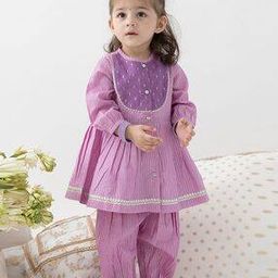 tiber taber Girls Striped Angrakha Kurta Set-picture-0