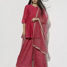Embellished A-Line Kurta with Palazzos & Dupatta-picture-1