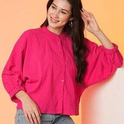 Women Mandarin Collar Batwing Sleeves Structured Shirt Style Top-1
