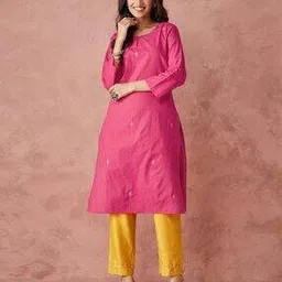 fabindia Women Embroidered Round-Neck Straight Kurta-picture-3