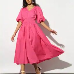 Puff Sleeves Fit & Flare Midi Dress-image-0