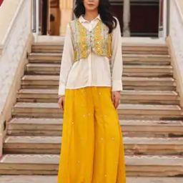 Embroidered Shirt & Palazzos with Jacket Co-Ord Set-image-11