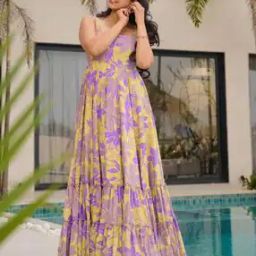 Women Floral Print Gown Dress-image-91