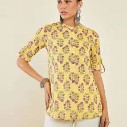 Floral Print Tunic with Band Collar-image-93