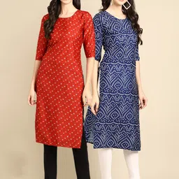 KALINI Women Pack of 2 Red & Blue Geometric Printed Block Print Handloom Crepe Kurta-image-42
