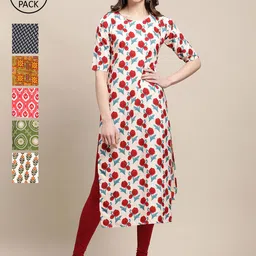 1 Stop Fashion PACK OF 6 Women Floral Printed Block Print Crepe Kurta-image-91