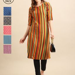 7Threads Women Pack of 6 Floral Printed Summer Sheers Crepe Kurta-image-10