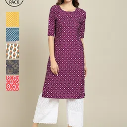 1 Stop Fashion Women Pack Of 6 Ethnic Motifs Printed Crepe Kurta-image-54